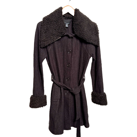 Cynthia Rowley Black Wool Jacket Women's Size M Coat Removable Trim Belted VGUC - Picture 1 of 10